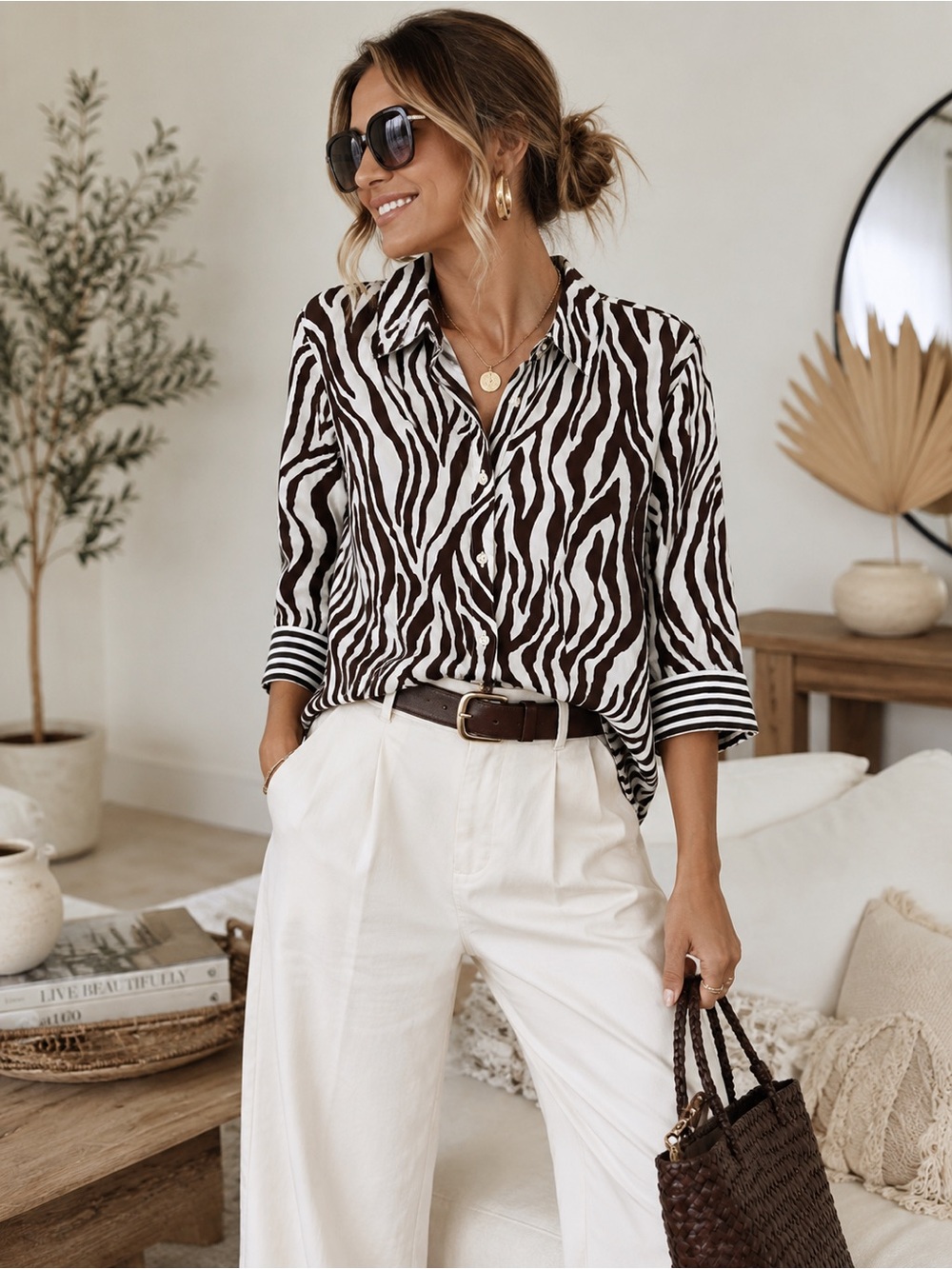 Chico’s Zebra Print Brown & Cream Cotton Button Up Blouse Size 2